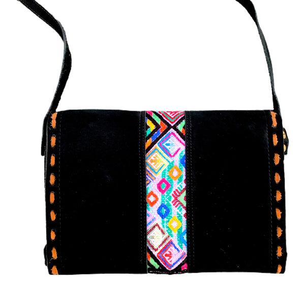 Colorful Vintage Huipil & Black Suede Shoulder Bag