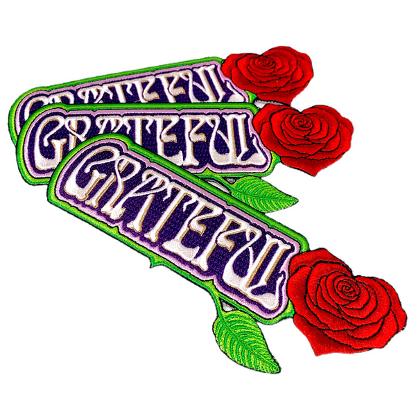Large Embroidered Grateful Rose Heart Patch - 6" Long