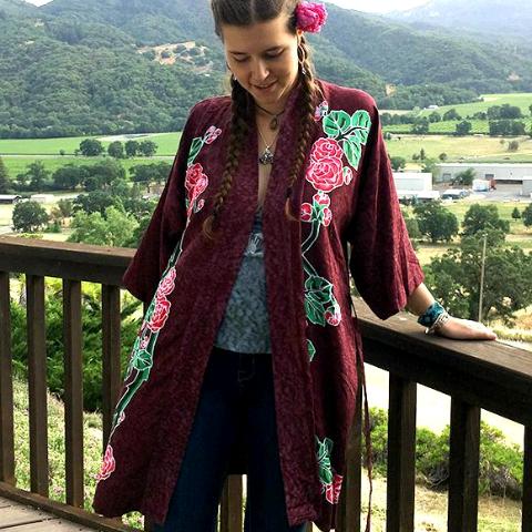 GD Inspired Kimono with Batik Roses and Bolt in Wine