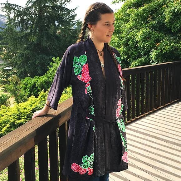 GD Inspired Kimono with Batik Roses and Bolt in Lavender, Black & Burgundy