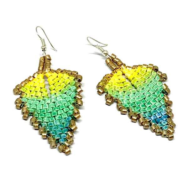 Gold, Yellow, Green & Blue Ceramic Beaded Leaf Earrings