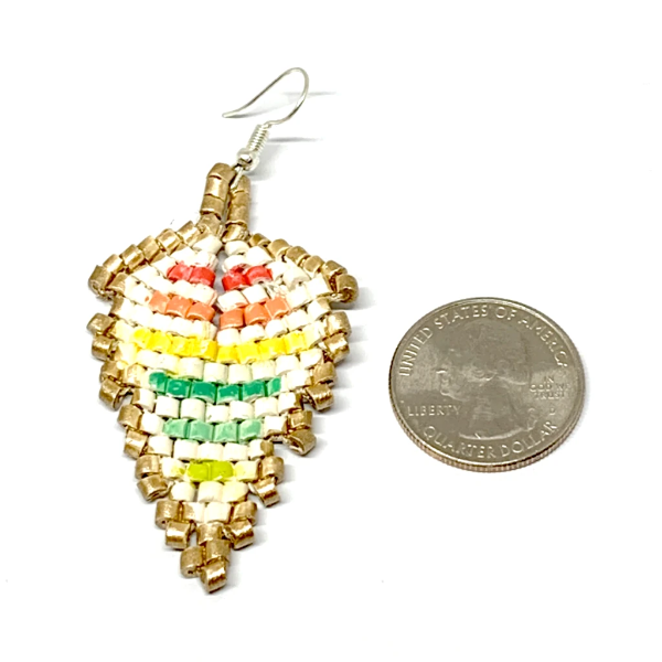 Gold, Cream & Rainbow Stripes Ceramic Beaded Leaf Earrings