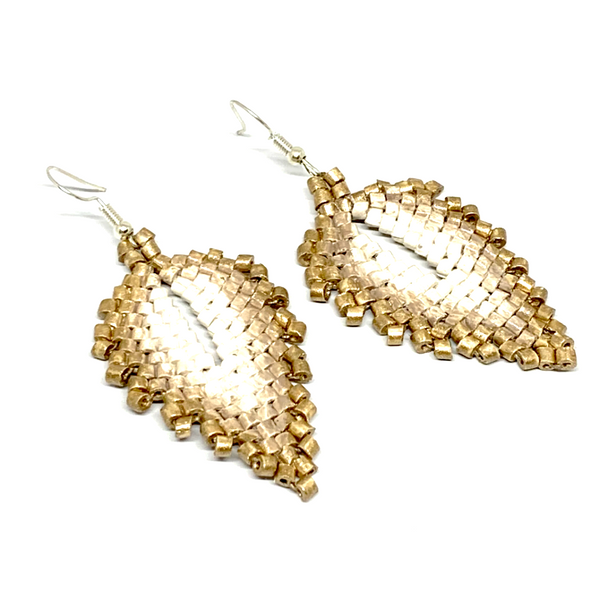 Gold, Cream & Natural Ceramic Beaded Leaf Earrings