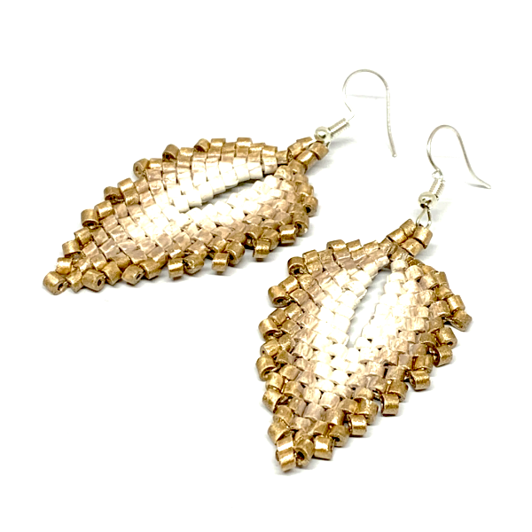 Gold, Cream & Natural Ceramic Beaded Leaf Earrings