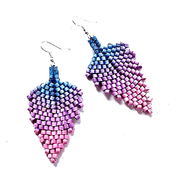 Blue, Purple & Pink Ombre Ceramic Beaded Leaf Earrings