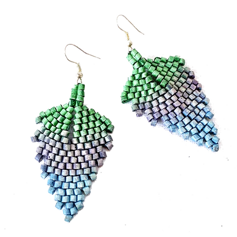 Green, Soft Purple and Blue Ombre Ceramic Beaded Leaf Earrings