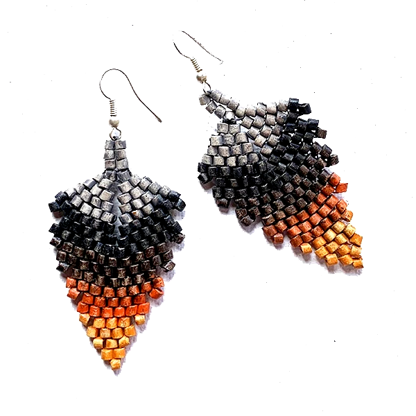 Grey, Black, Rust & Orange Ceramic Beaded Leaf Earrings