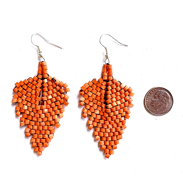 Dark Orange Ceramic Beaded Leaf Earrings