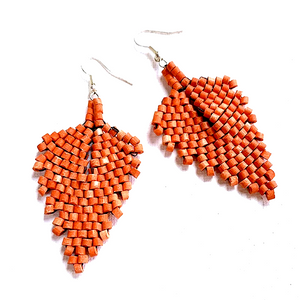 Dark Orange Ceramic Beaded Leaf Earrings