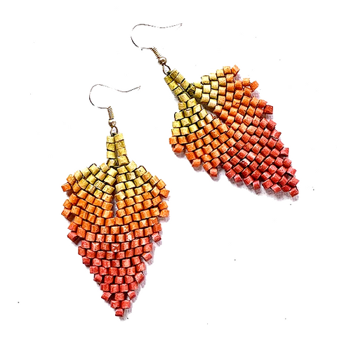Gold, Orange to Rust Ombre Ceramic Beaded Leaf Earrings