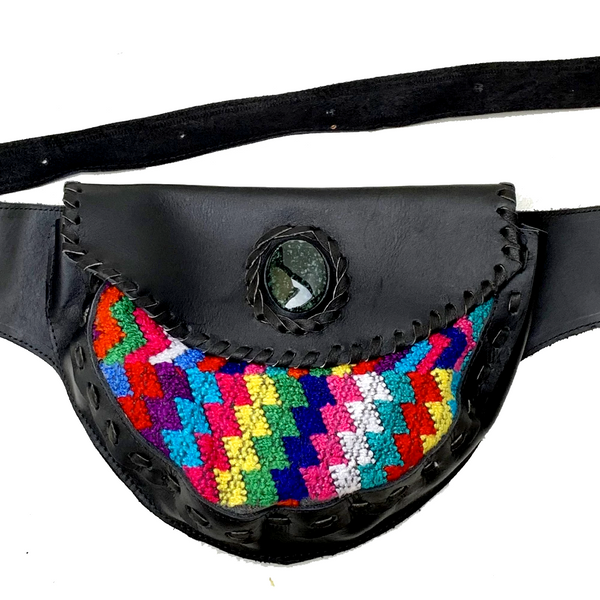 Large Black Leather Single Hip Pouch with Vintage Colorful Graphic Huipil Textile & Jade Stone