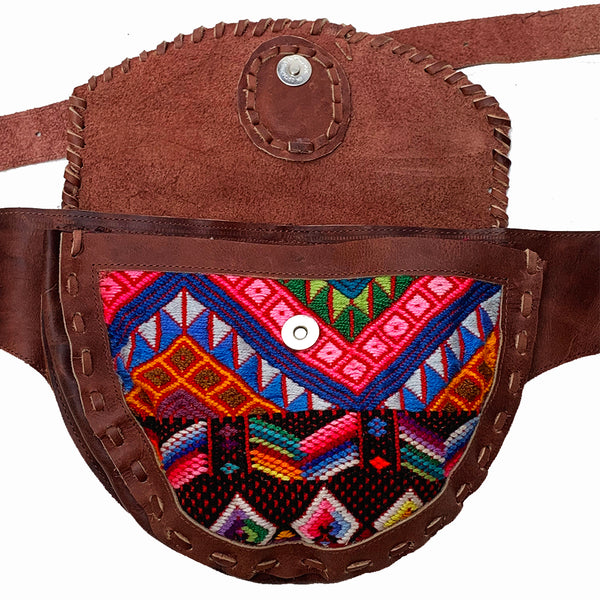 Large Brown Leather Single Hip Pouch with Vintage Colorful Geometric Huipil Textile & Jade Stone