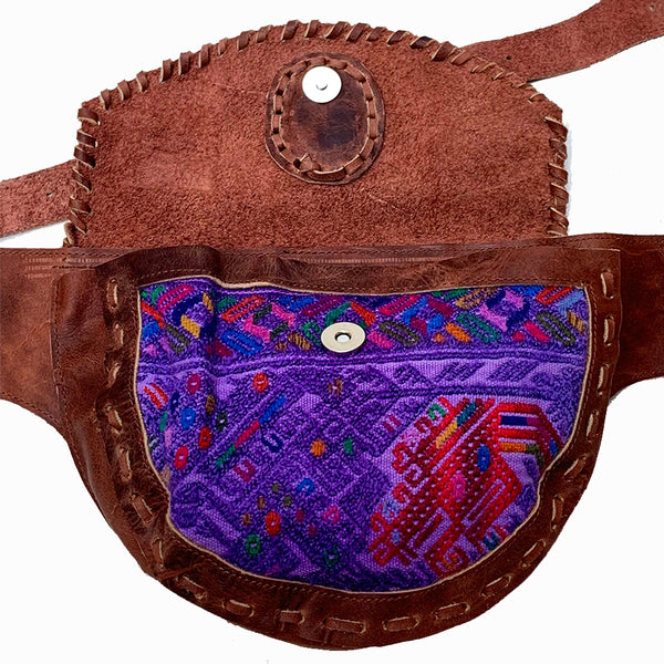 Large Brown Leather Single Hip Pouch with Vintage Purple Huipil Textile & Jade Stone