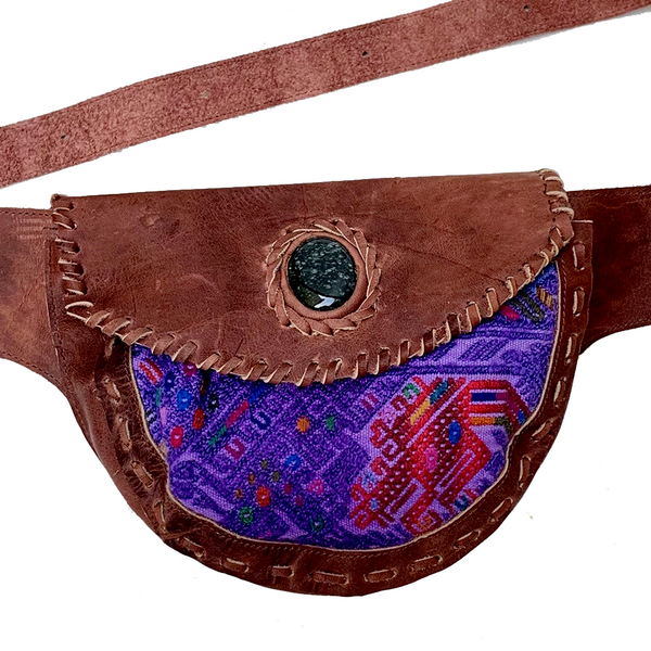 Large Brown Leather Single Hip Pouch with Vintage Purple Huipil Textile & Jade Stone