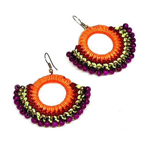 Bright Orange, Purple and Green Macrame Hoop Earrings