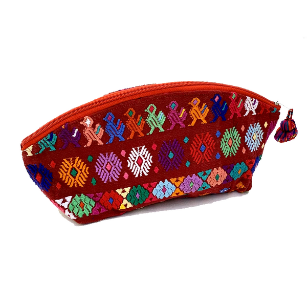 Large Dark Red Bird, Flower, People Huipil Fabric & Plastic Lined Cosmetic Bag