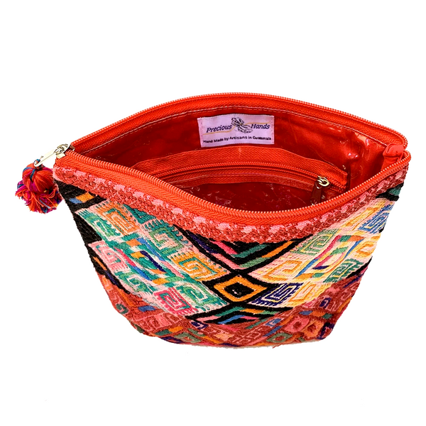 Large Red Patterned Huipil Fabric & Plastic Lined Cosmetic Bag
