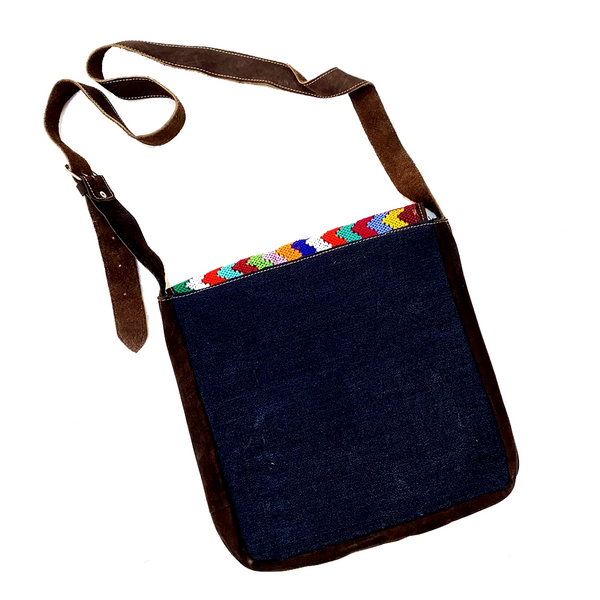 Colorful Embroidered Vintage Huipil & Indigo Fabric with Leather Messenger Bag