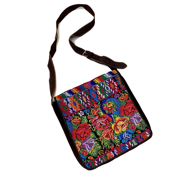 Colorful Embroidered Vintage Huipil & Indigo Fabric with Leather Messenger Bag