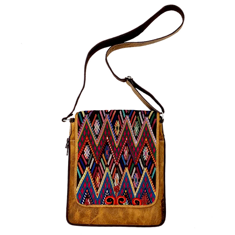 Colorful Embroidered Vintage Huipil & Leather Messenger Bag