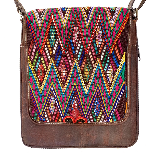 Colorful Embroidered Vintage Huipil & Mahogany Leather Messenger Bag