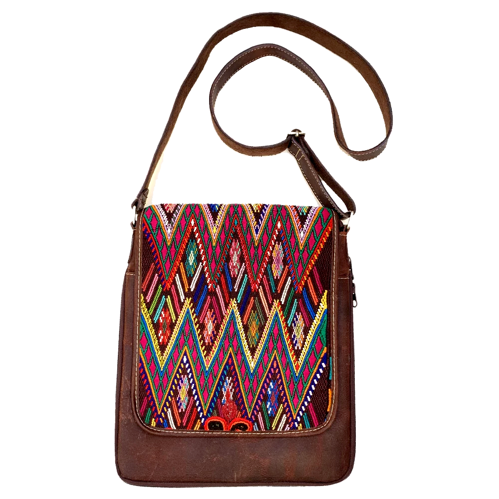 Colorful Embroidered Vintage Huipil & Mahogany Leather Messenger Bag