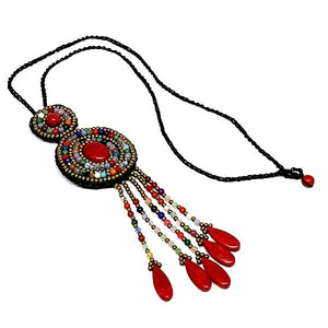 Colorful Red Beads and Fringe Macrame Necklace