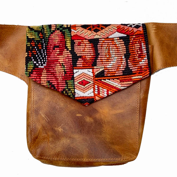 Bold Geometric Vintage Huipil Fabric & Leather Hip Pouch