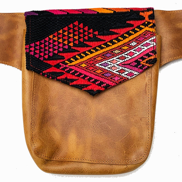 Rainbow Geometric Vintage Huipil Fabric & Leather Hip Pouch