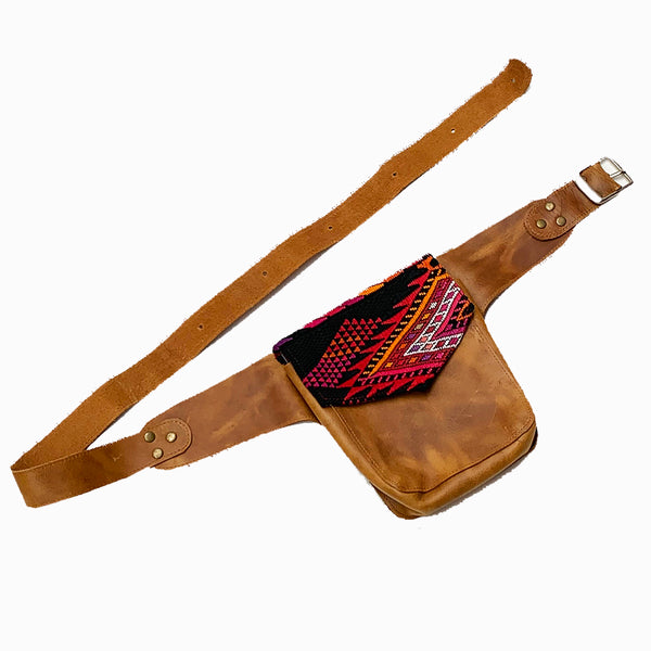 Bold Geometric Vintage Huipil Fabric & Leather Hip Pouch