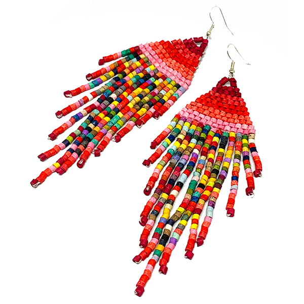 Red & Pink Rainbow Beaded Fringe Earrings - 5 1/2"