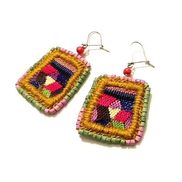 Vintage Huipil with Green and Purple Ceramic Bead Earrings