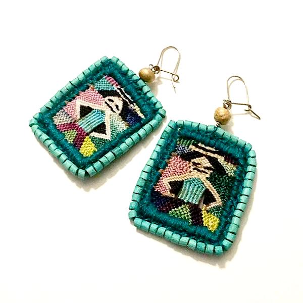 Vintage Huipil & Turquoise Blue Ceramic Bead Earrings