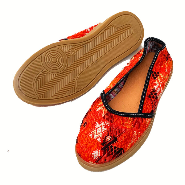 Handmade Vintage Orange Colored Huipil Slip On Shoes