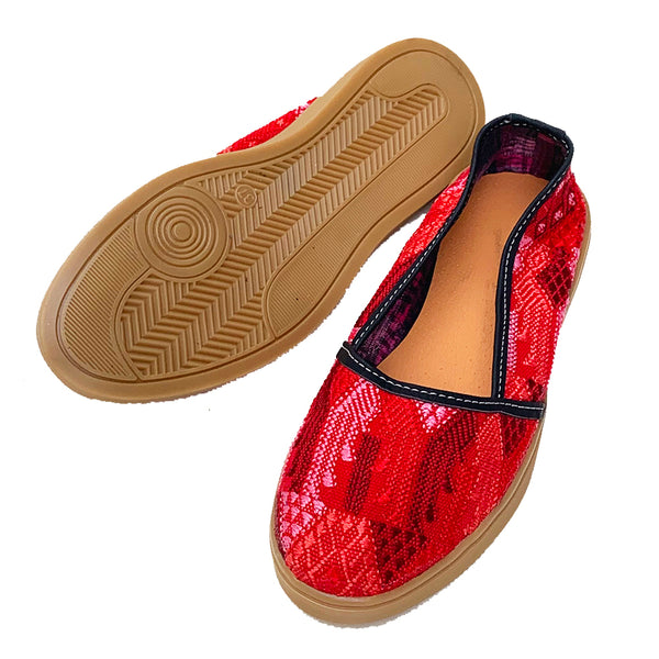 Handmade Vintage Red Colored Huipil Slip On Shoes