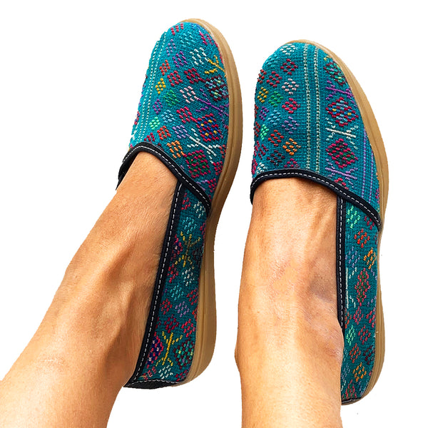 Handmade Vintage Teal Green Huipil Slip On Shoes