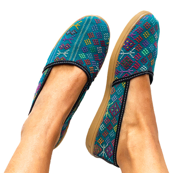 Handmade Vintage Teal Green Huipil Slip On Shoes