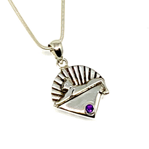 Cats Pendant Cast In Sterling Silver with Faceted Amethyst Stone on Sterling Silver Chain