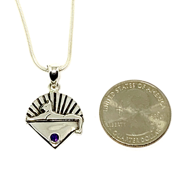 Cats Pendant Cast In Sterling Silver with Faceted Amethyst Stone on Sterling Silver Chain