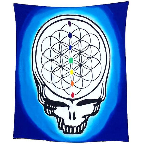 Blue Batik Steal Your Face Flower of Life Tapestry or Flag - 3 x 3 1/2 Feet!