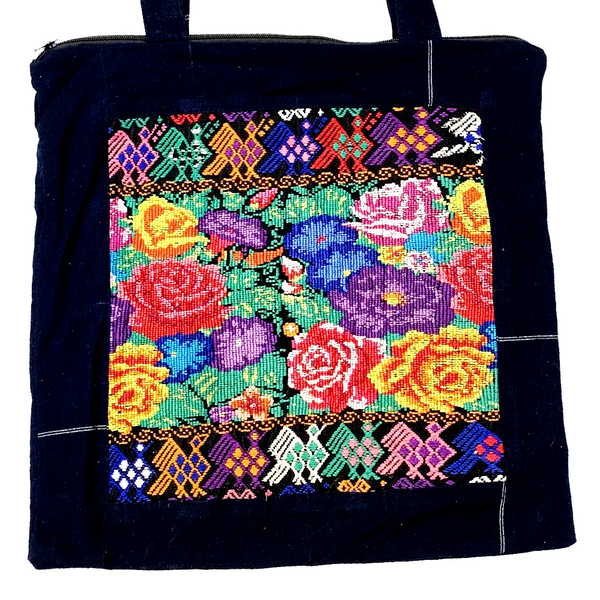 Embroidered Floral Huipil & Indigo Fabric Tote Bag