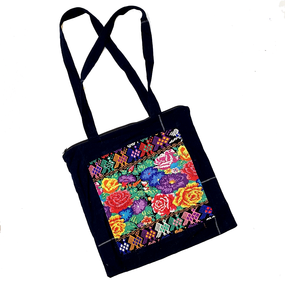 Embroidered Floral Huipil & Indigo Fabric Tote Bag