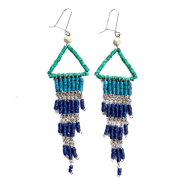 Green, Teal & Cobalt Beaded Wire Wrapped Fringe Earrings