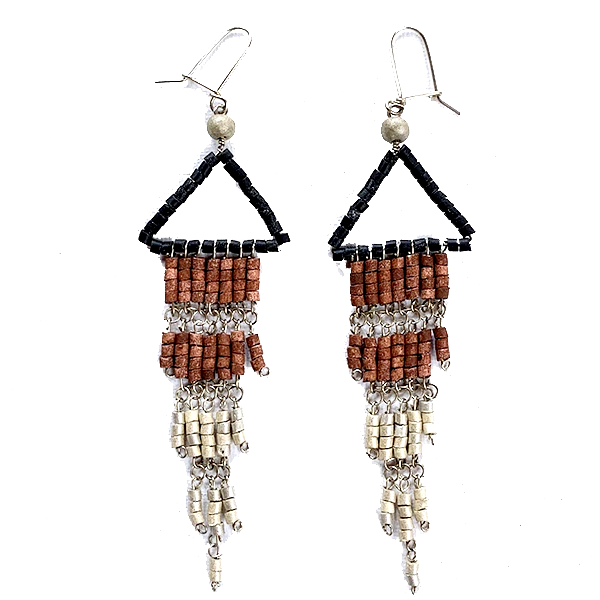 Black, Brown & Silver Beaded Wire Wrapped Fringe Earrings