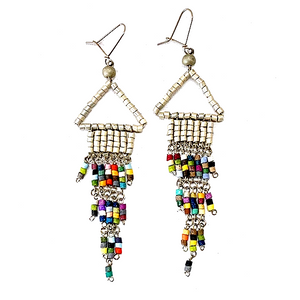 Silver & Multi Color Beaded Wire Wrapped Fringe Earrings