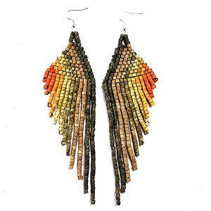 Earthy Brown to Rust Ombre Beaded Wing Style 13 Fringe Earrings - 6"