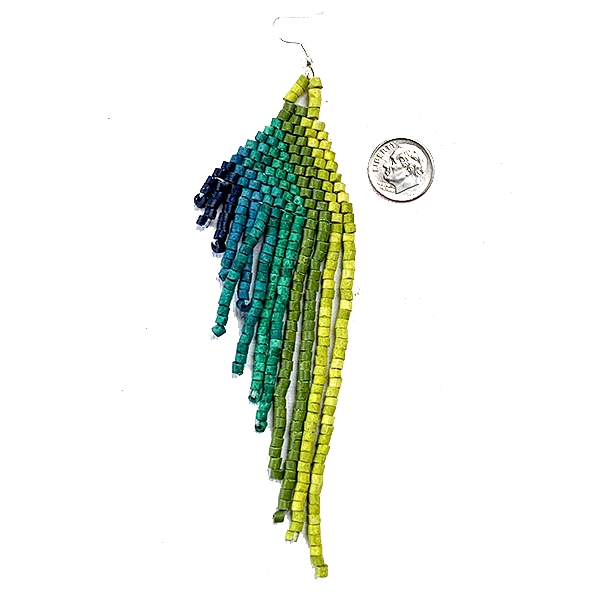 Lime, Green, Turquoise & Blue Beaded Wing Style 13 Fringe Earrings - 6"