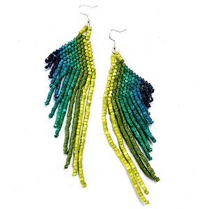 Lime, Green, Turquoise & Blue Beaded Wing Style 13 Fringe Earrings - 6"