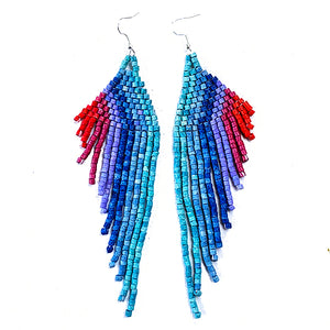 Red, Purple, Blue & Turquoise Beaded Wing Style 13 Fringe Earrings - 6"
