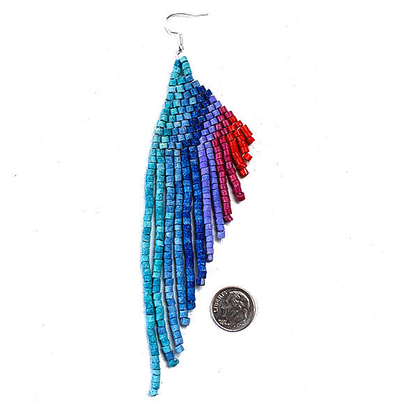 Red, Purple, Blue & Turquoise Beaded Wing Style 13 Fringe Earrings - 6"